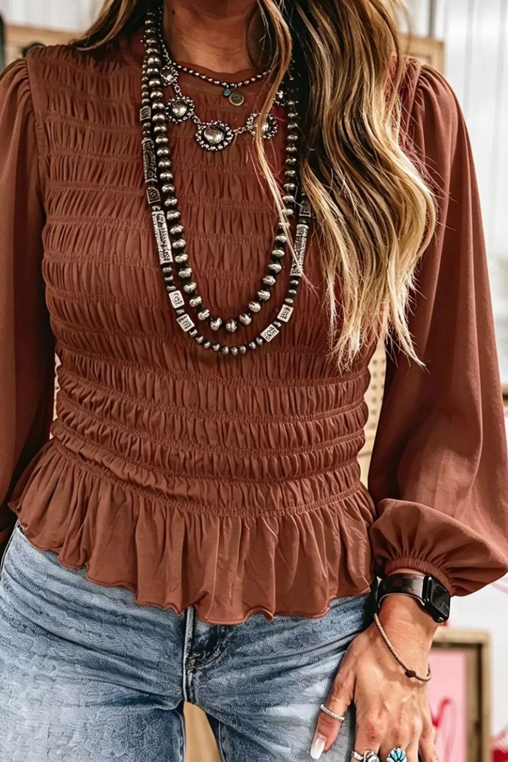 Trendsi Smocked Balloon Sleeve Peplum Blouse -
