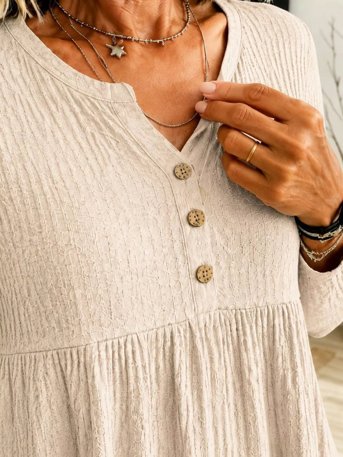 Button Detail Knitted Top in beige, neckline detail