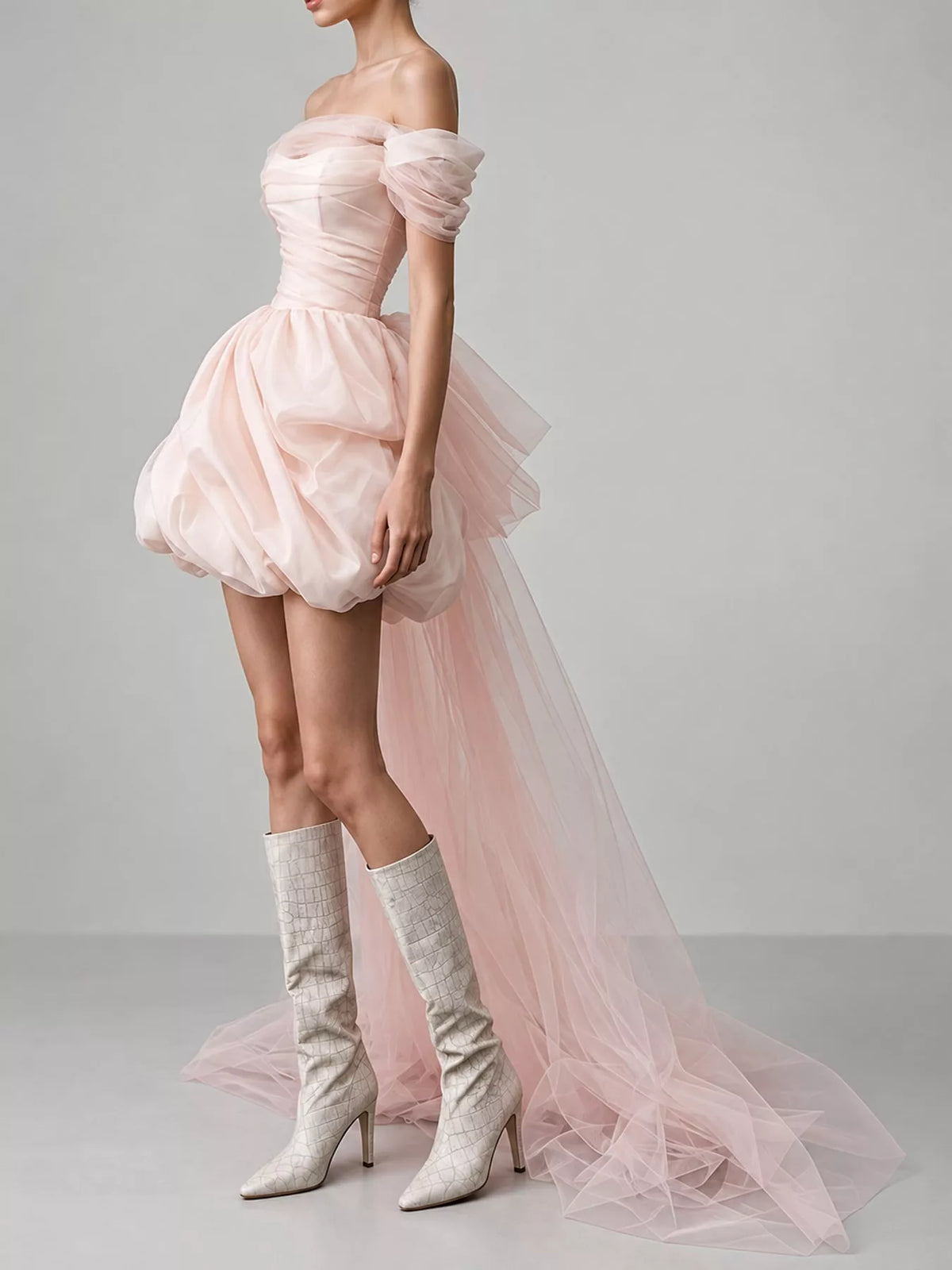 Women's Off-Shoulder Tulle Bubble Mini Dress in pink — side view
