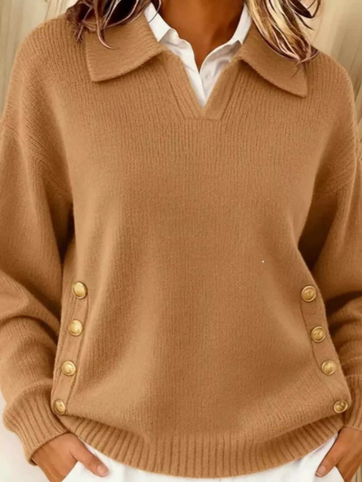 Women's Decorative Button Dropped Shoulder Sweater in Khaki, front view