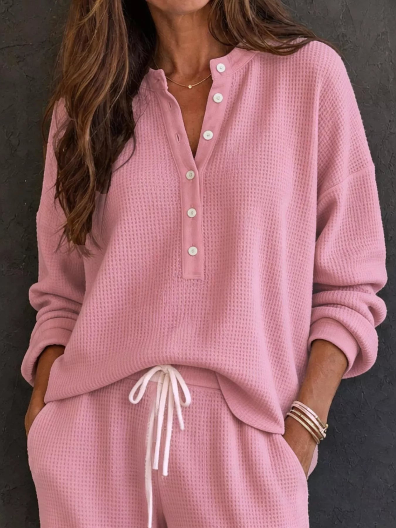 Trendsi Waffle Knit Henley Top and Wide Leg Pants Set -