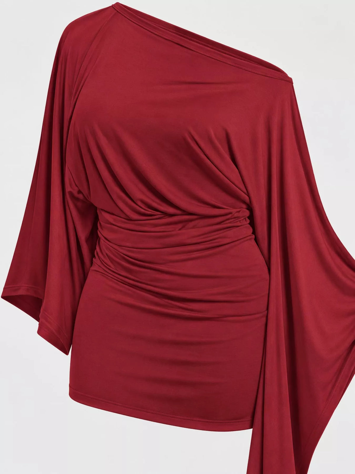 Women's One-Shoulder Draped Bodycon Mini Dress in red — flat lay view