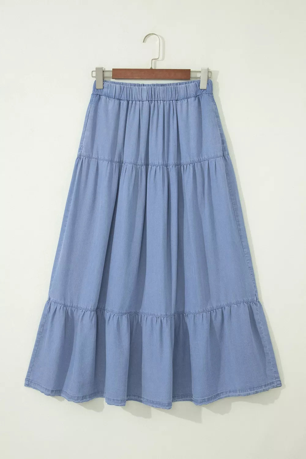 Trendsi Elastic Waist Ruffled Tiered Flared Denim Maxi Skirt -