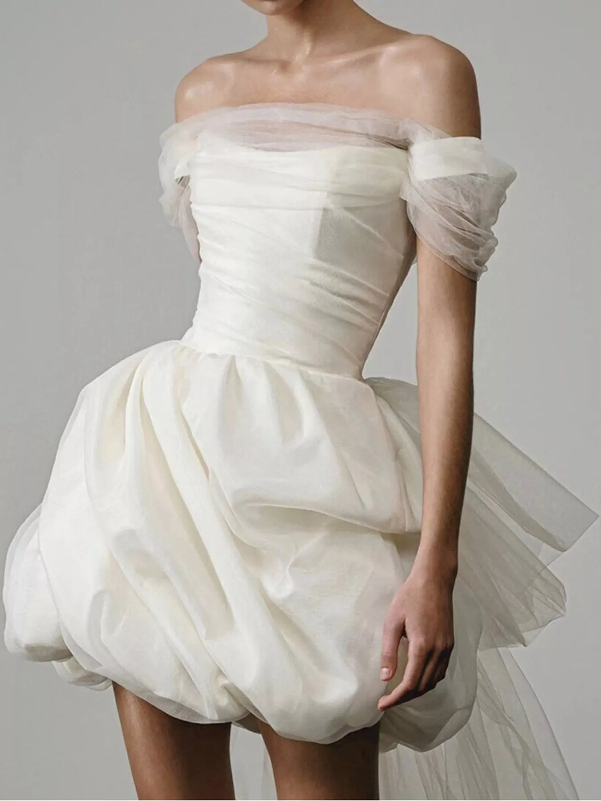 Women's Off-Shoulder Tulle Bubble Mini Dress in white — bodice detail view