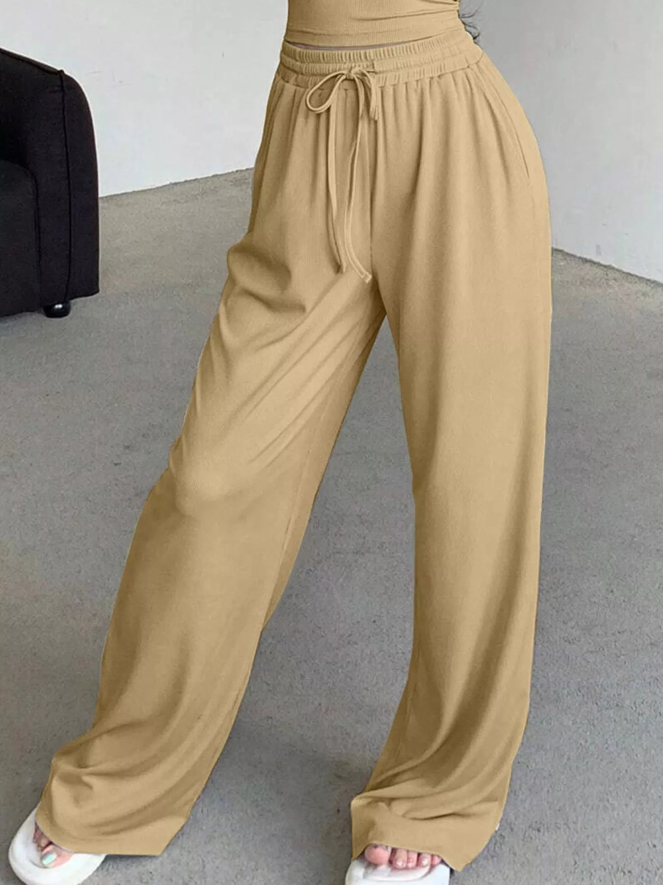 Trendsi Solid Color Short Sleeve Crop Top and Wide Leg Pants Set -