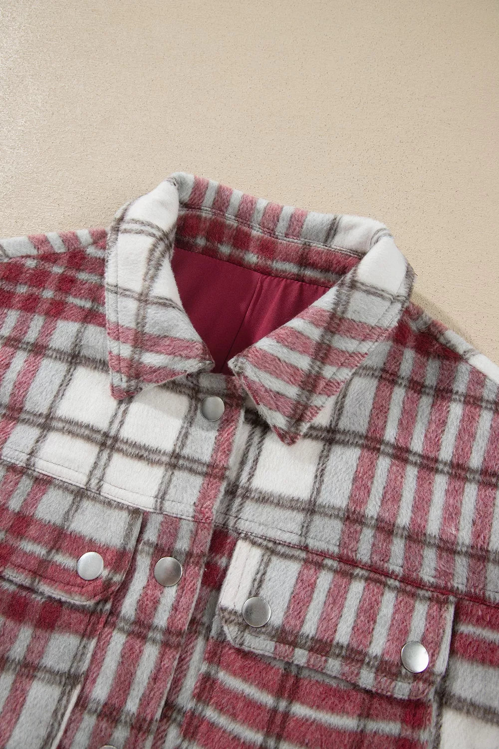 Plaid Button-Collar Long Sleeve Jacket, collar detail