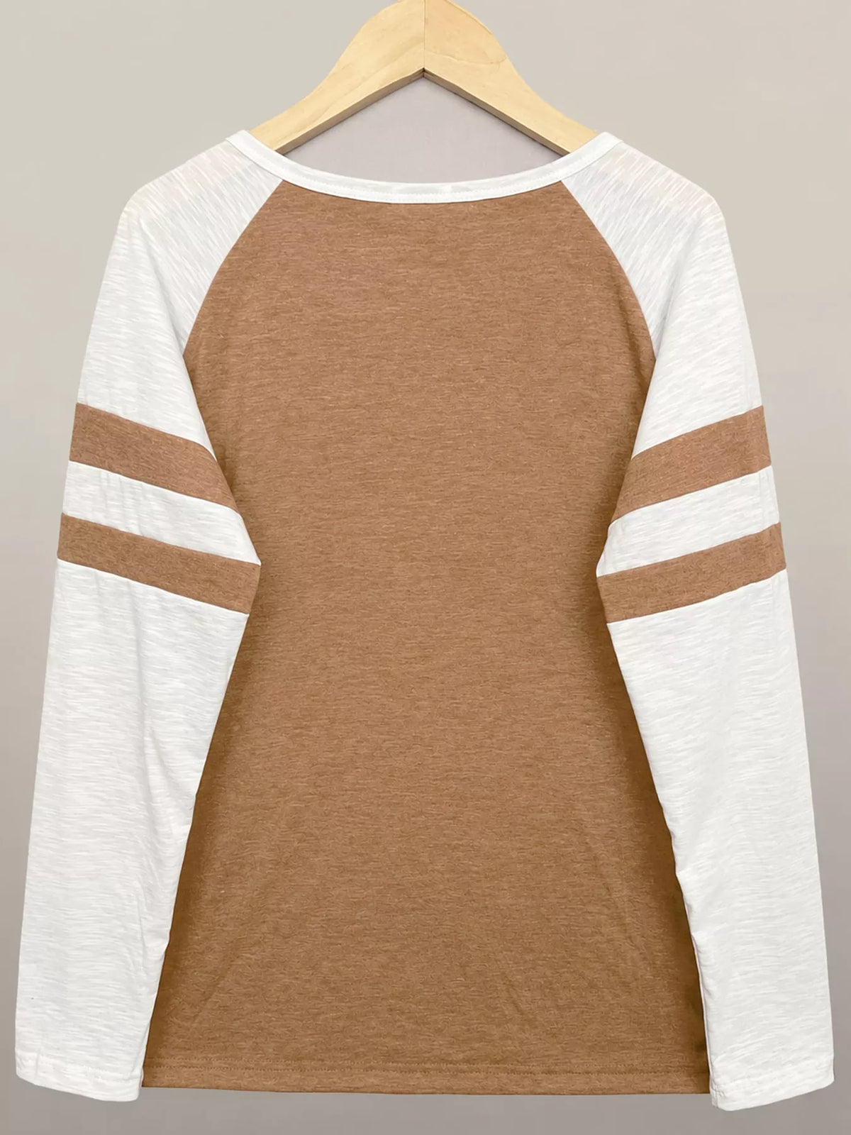 Brown color-block raglan sleeve striped t-shirt, back view