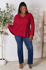Trendsi Double Take Half Button Long Sleeve Ruffle Hem Blouse - Pants