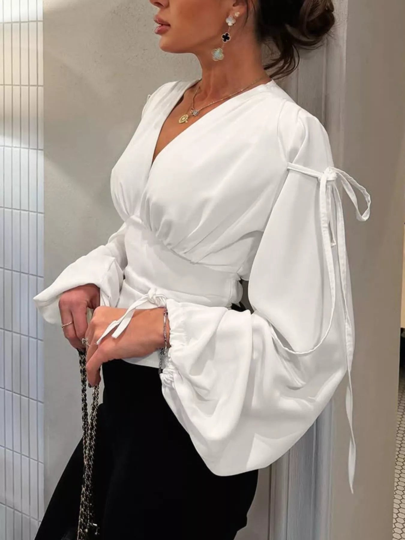 Trendsi Tied V-Neck Balloon Sleeve Blouse -