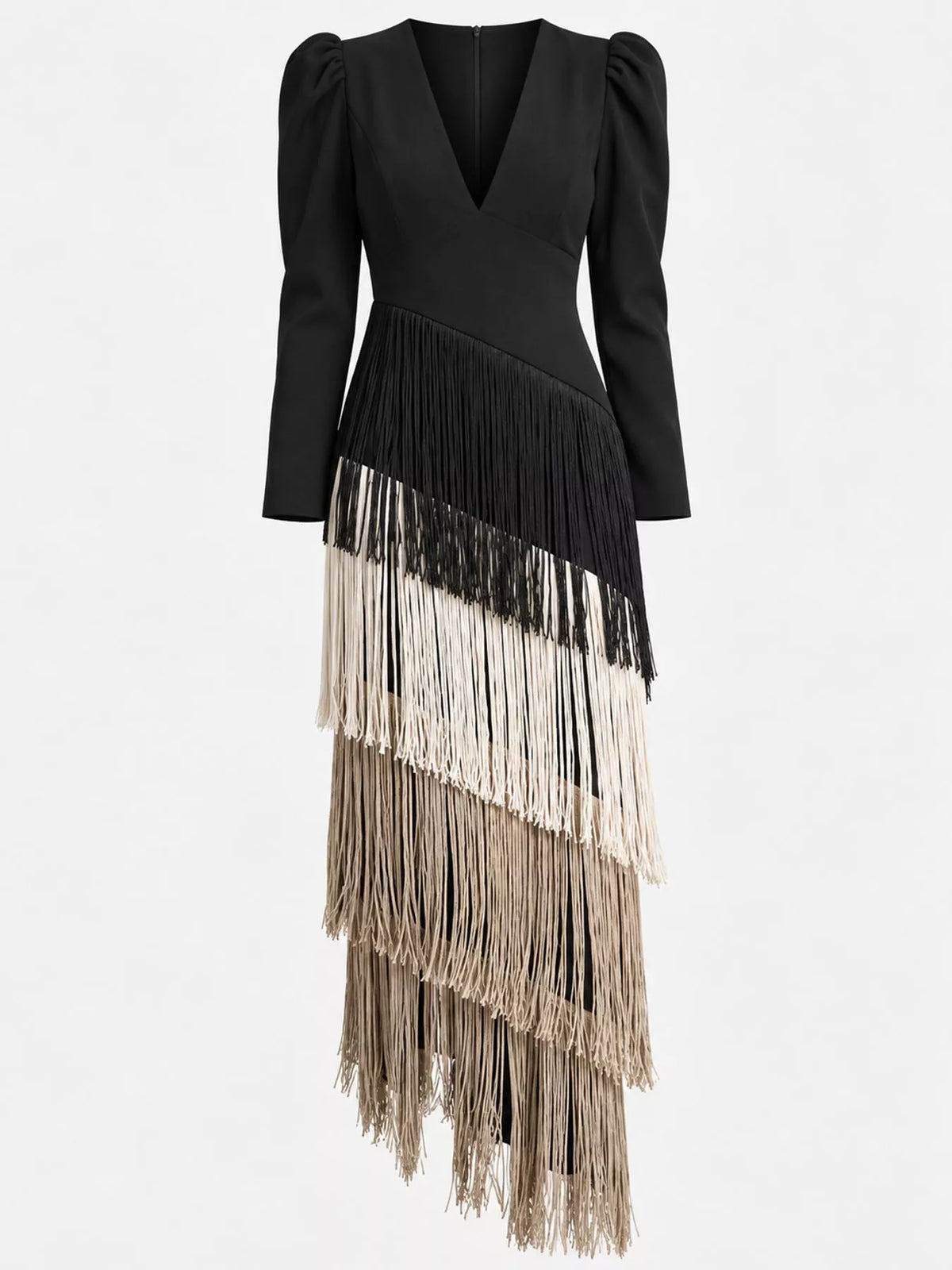 Women's Fringed V-Neck Puff Sleeve Midi Dress in black multicolor — flat lay view
