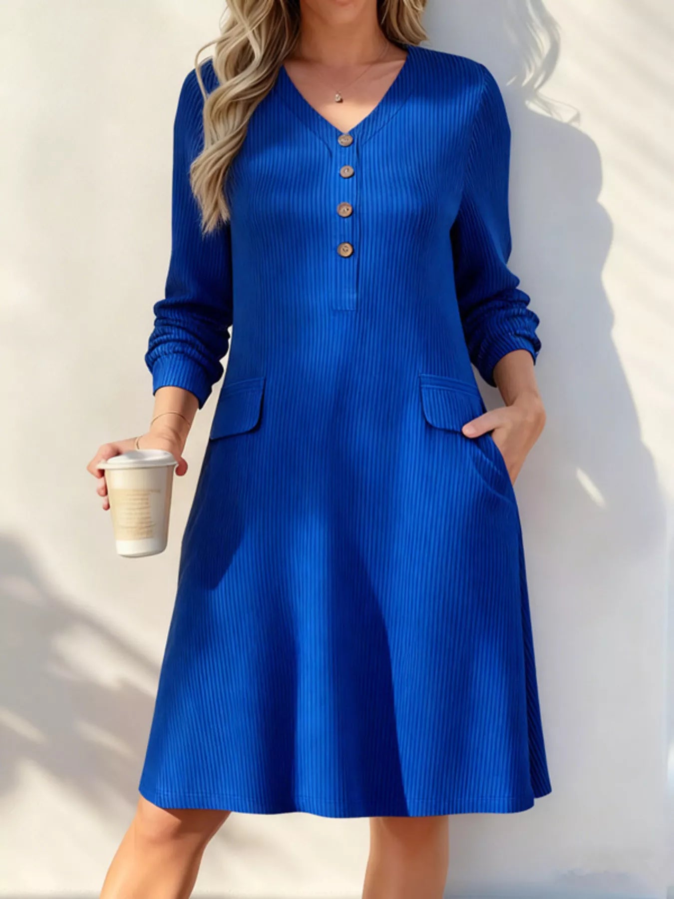 Trendsi Full Size Ribbed Knit V-Neck Dress Plus Size -