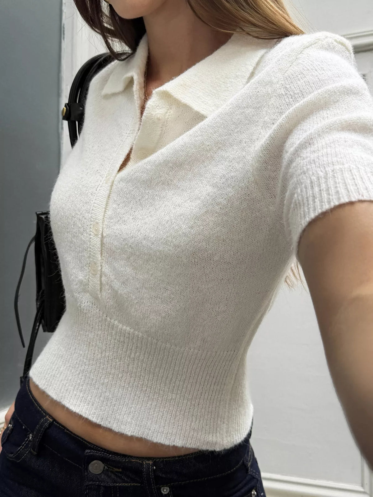 Button front short sleeve sweater
