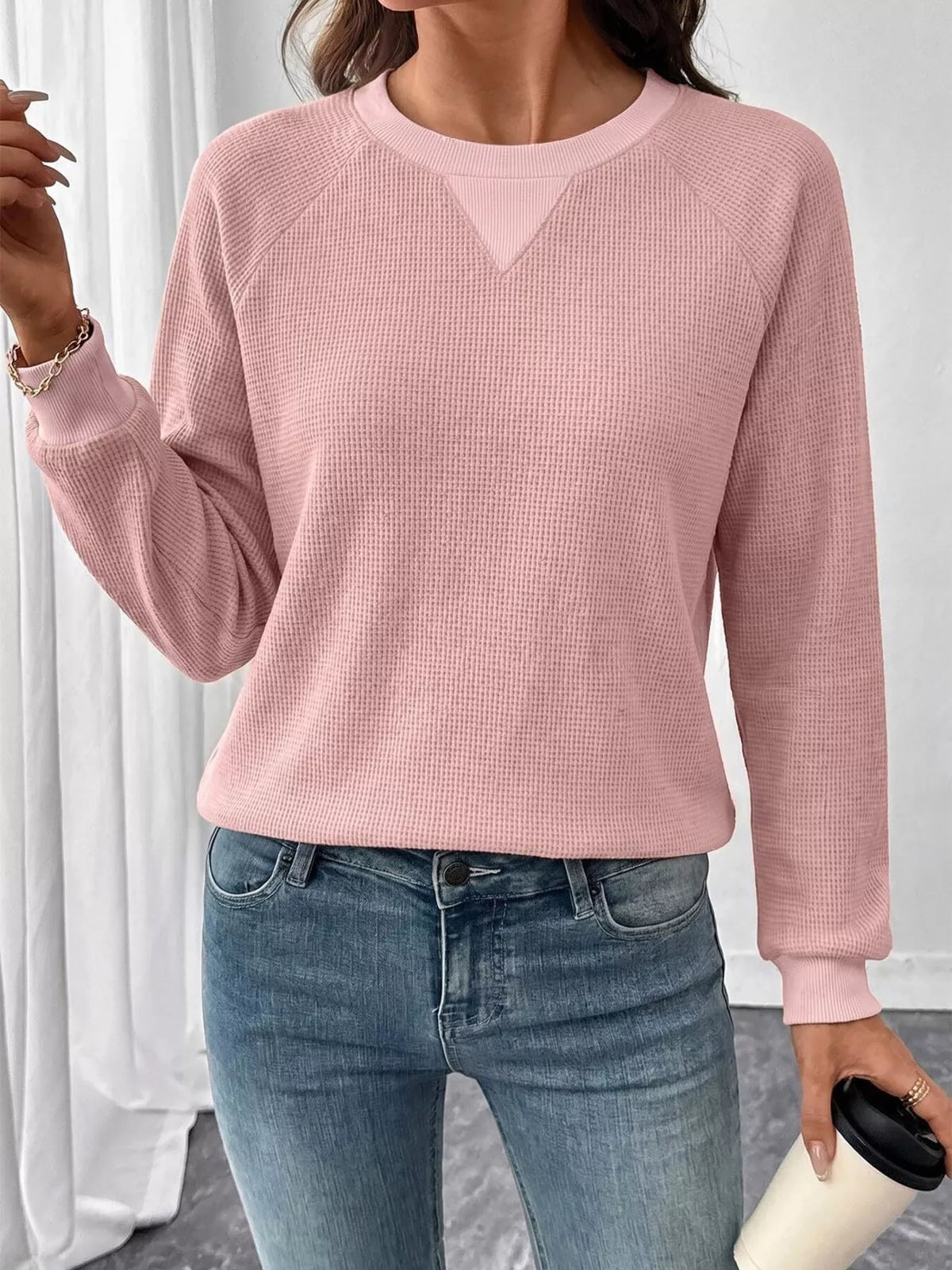 Trendsi Waffle Knit Crew Neck Long Sleeve Sweatshirt -