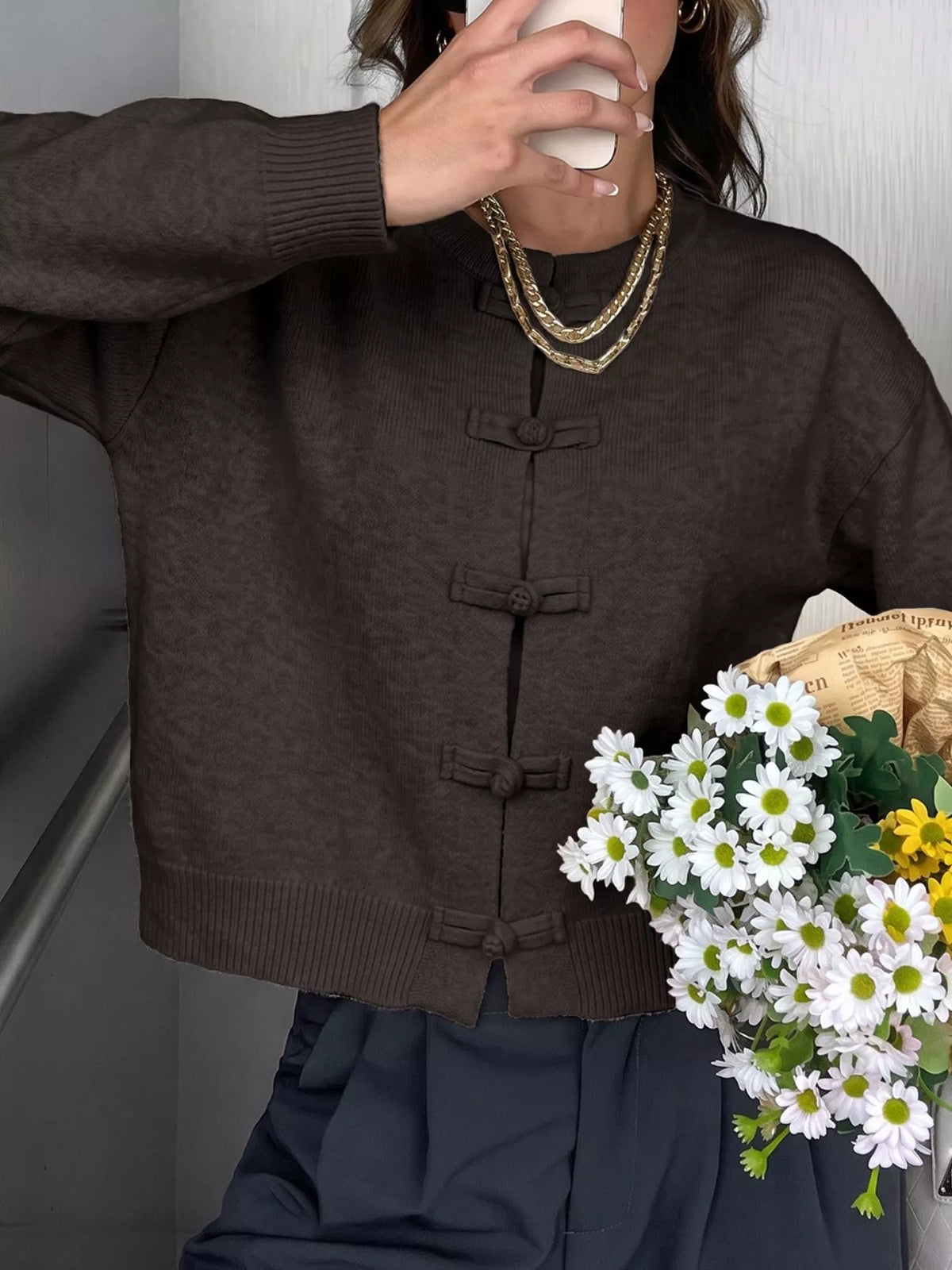 Frog-button knit cardigan