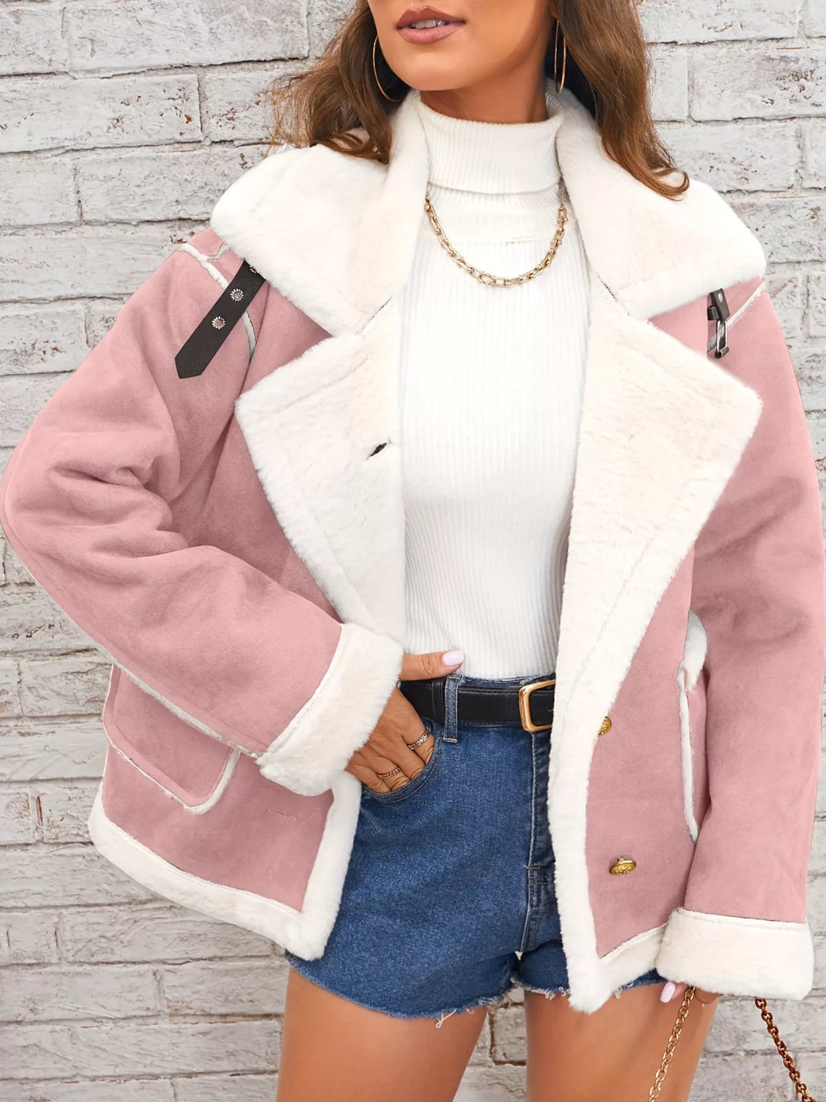 Pink plush-lined button-front jacket — front view