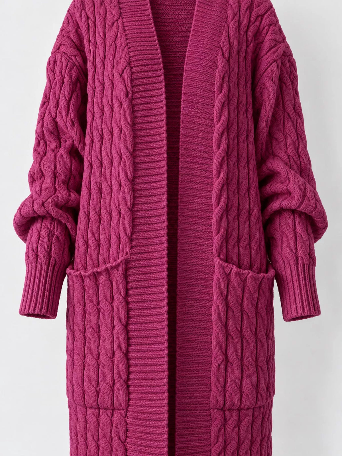 Deep Rose Red cable-knit longline open-front cardigan, back view