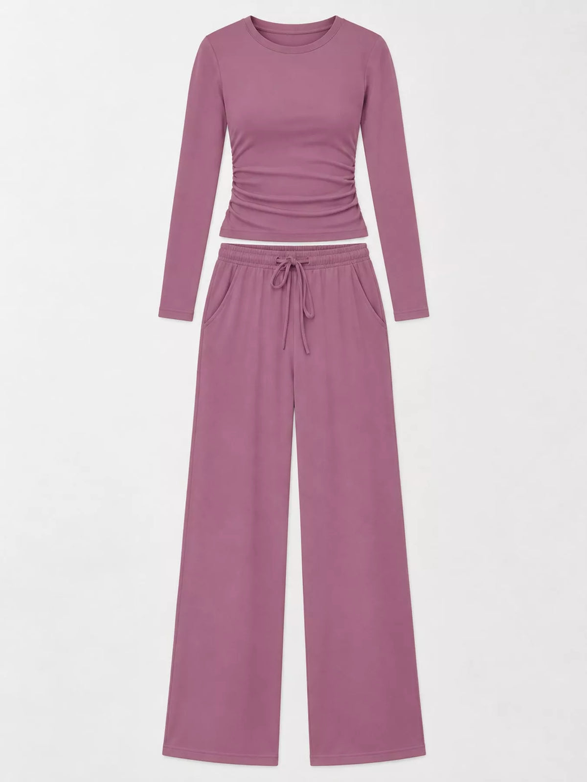 Long Sleeve Top and Wide-Leg Drawstring Pants Set — garment front