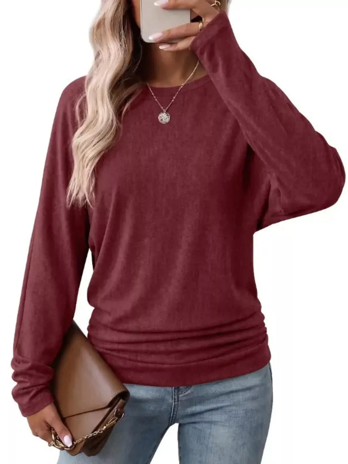 Burgundy crew neck t-shirt with ruched hem