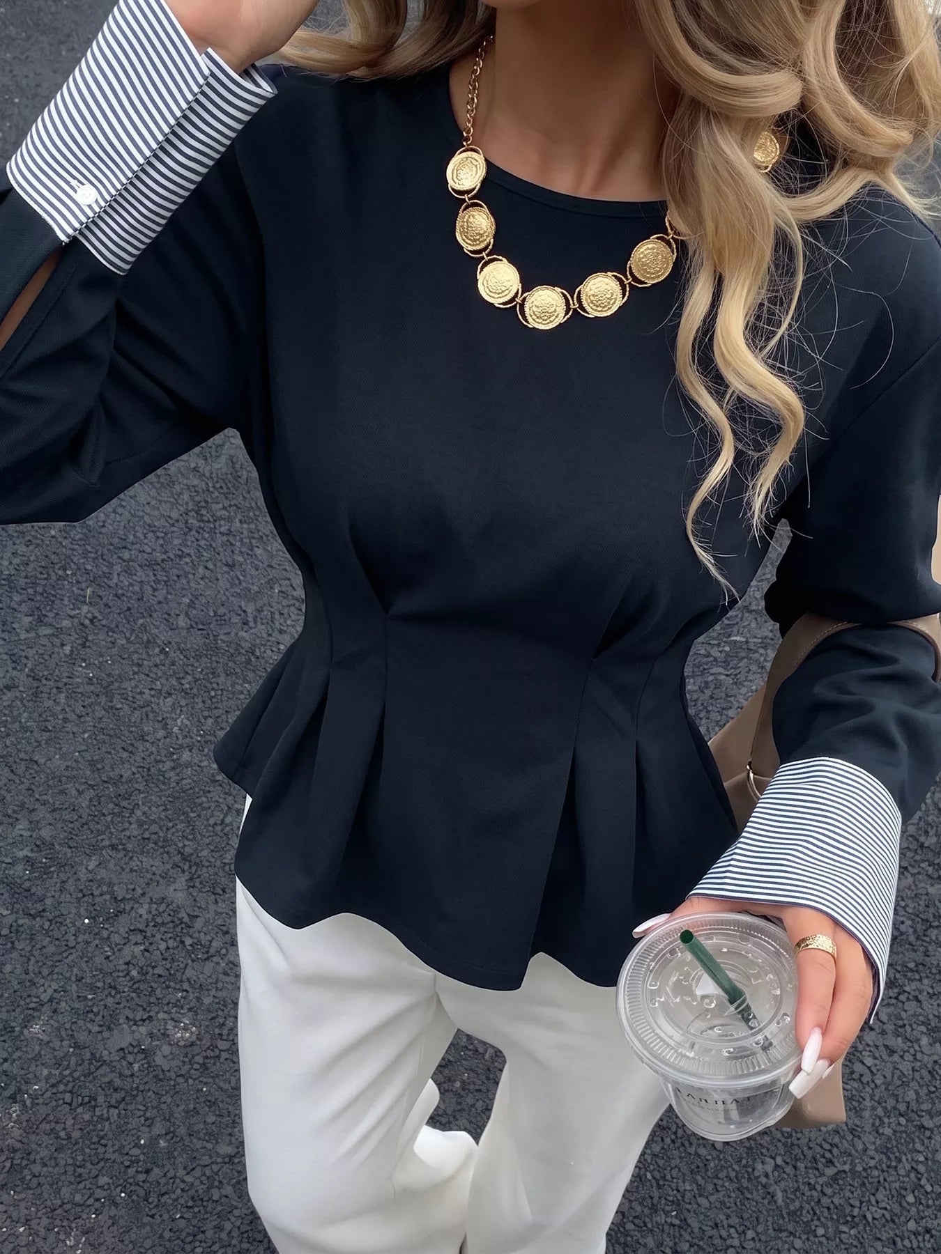 Trendsi Round Neck Peplum Top with Striped Cuffs -