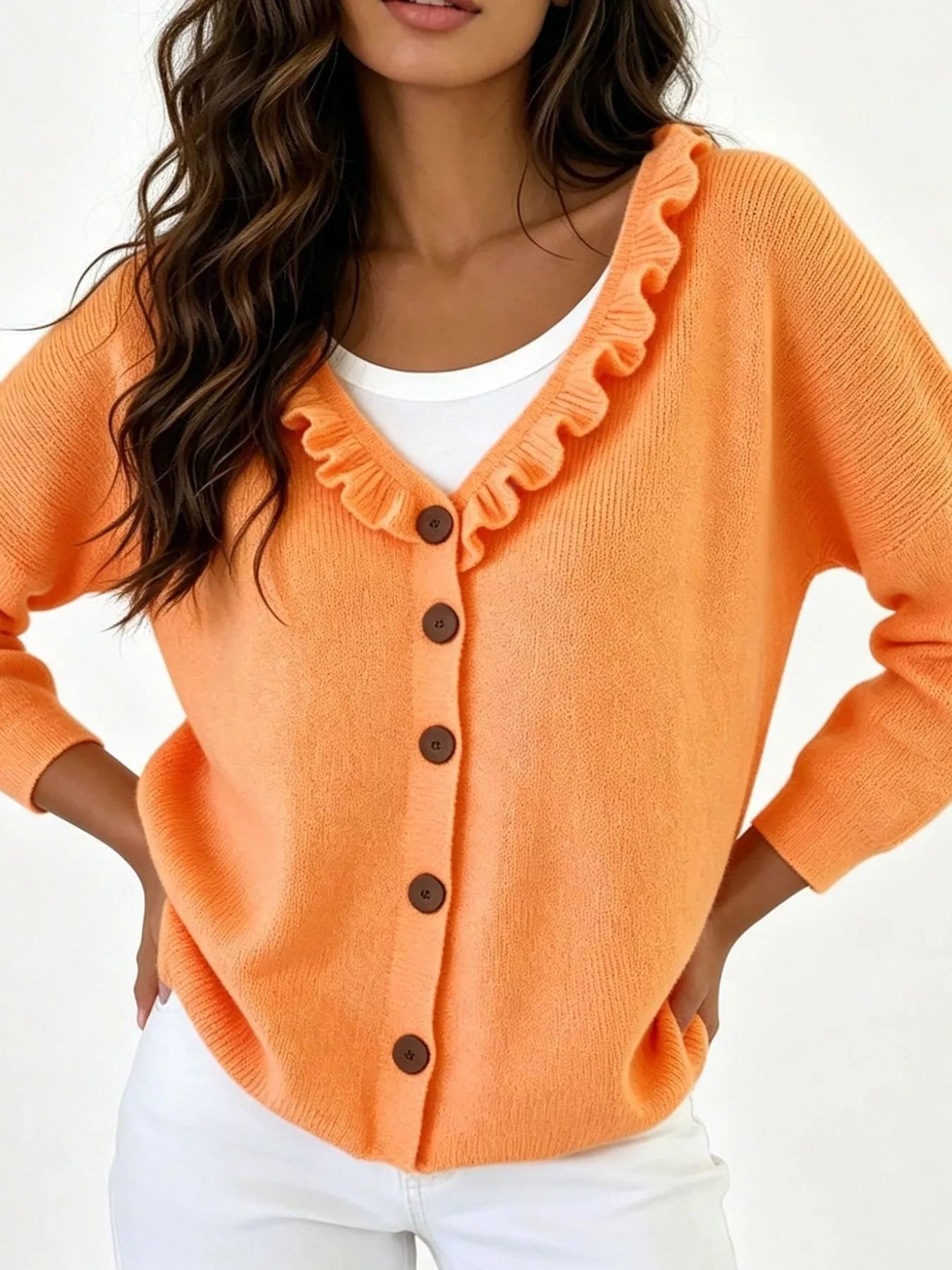 Trendsi Ruffled Neckline Button-Up Cardigan -