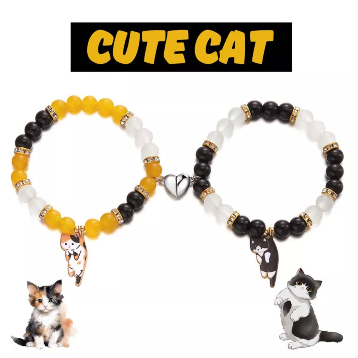 Trendsi 2 Piece Beaded Cat Charm Bracelet -
