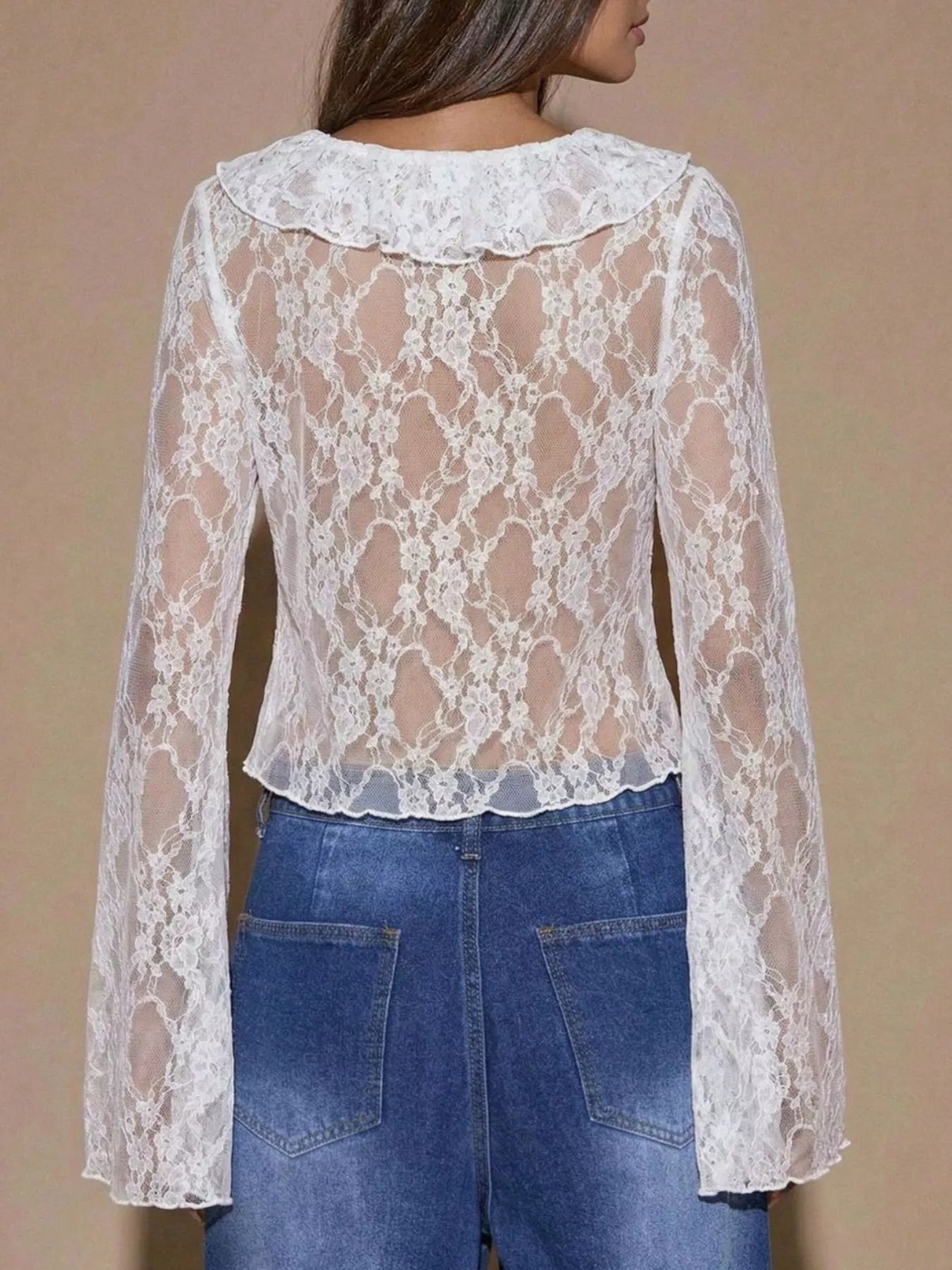 Trendsi Sheer Lace Ruffle Tie-Front Blouse -