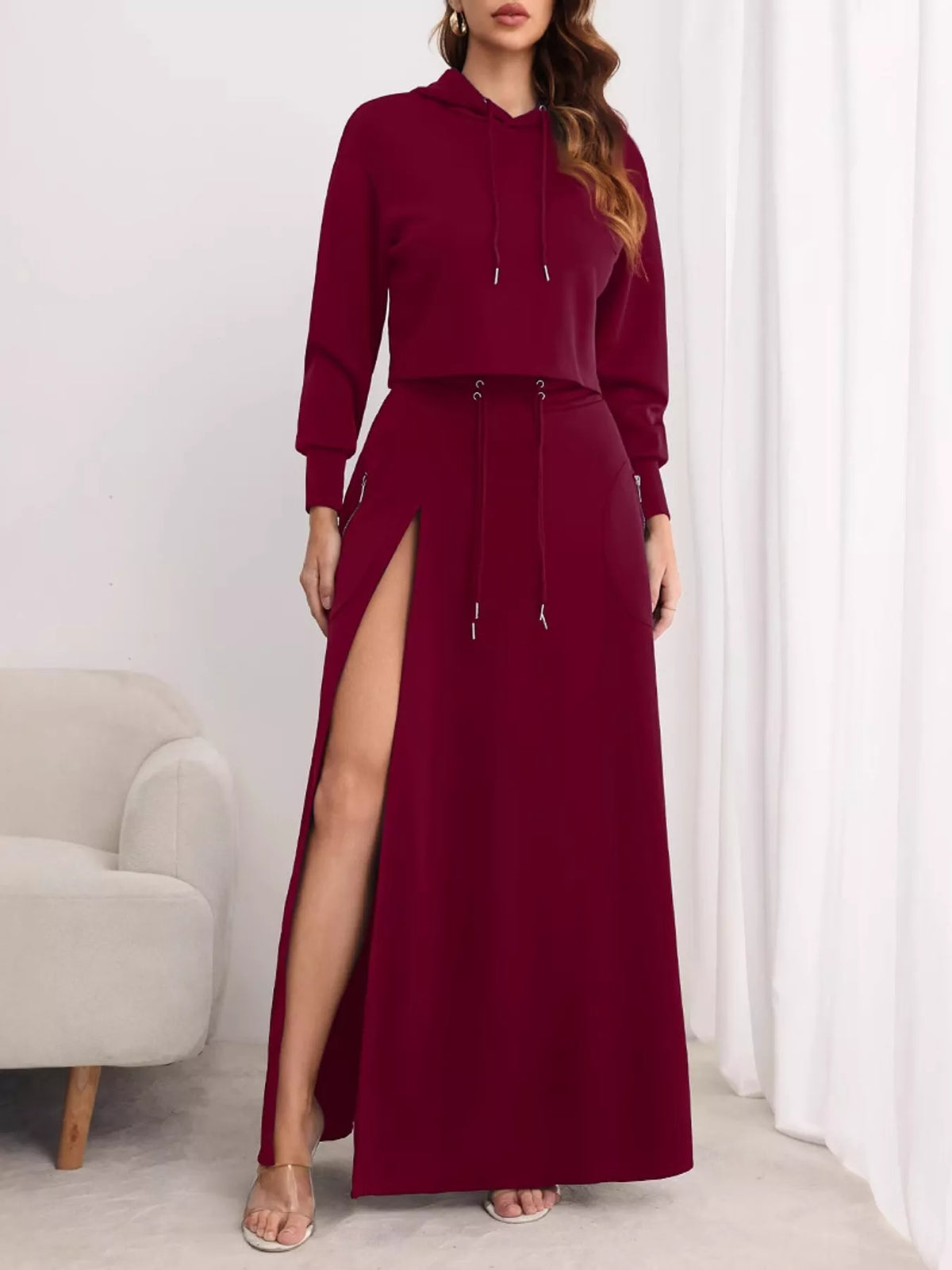 Burgundy hoodie and skirt set