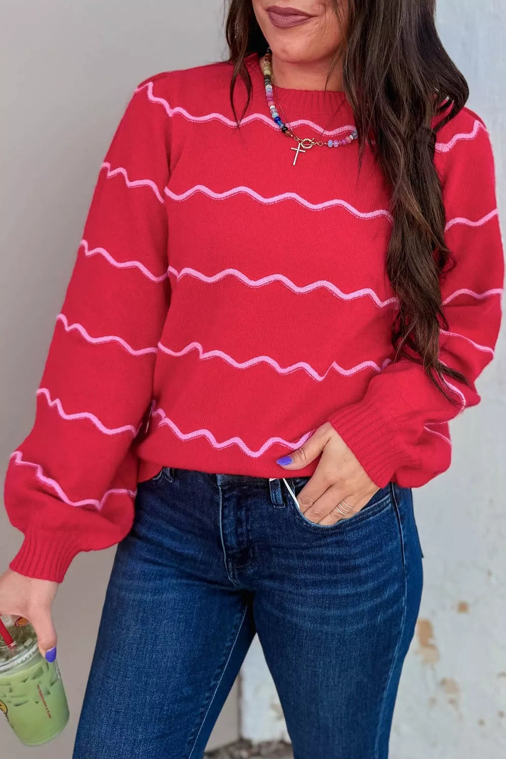 Trendsi Striped Round Neck Long Sleeve Shift Pullover Sweater -