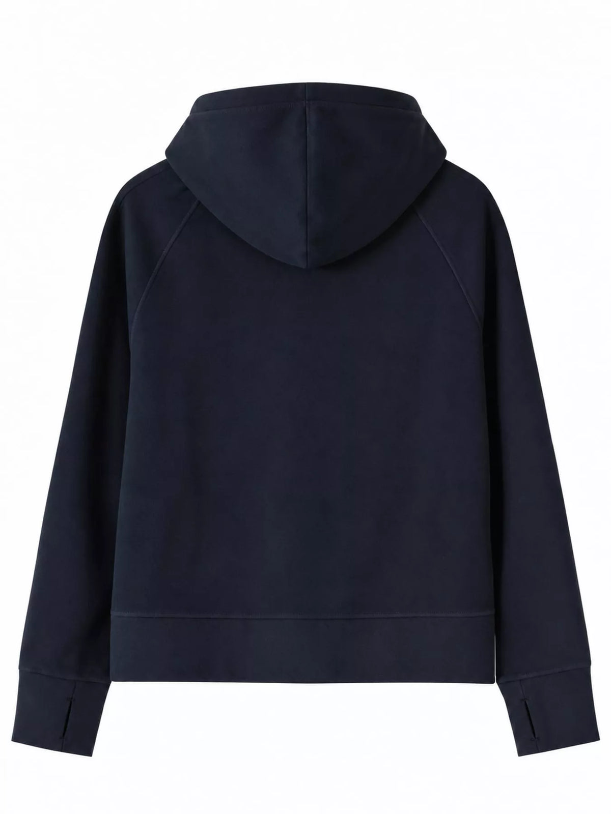 Navy full-zip long sleeve hoodie with pockets, back view