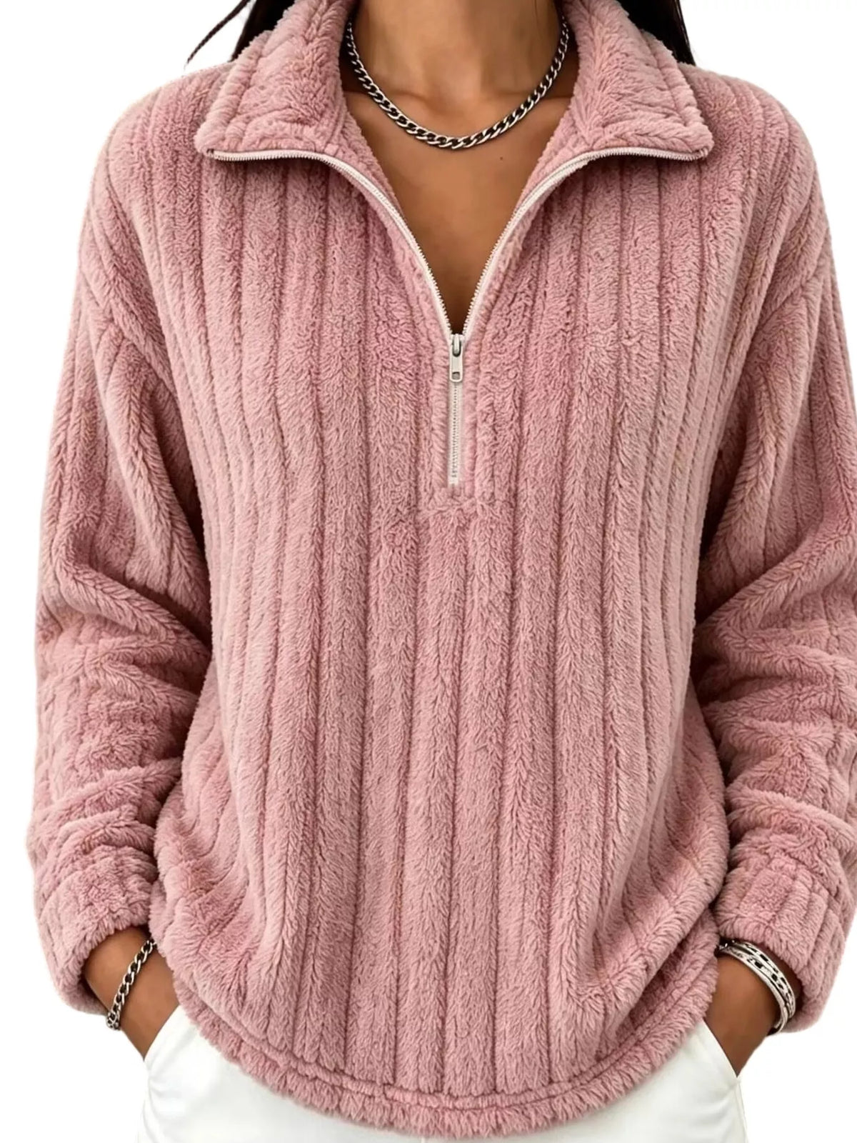 Dusty pink quarter-zip dropped shoulder sweatshirt
