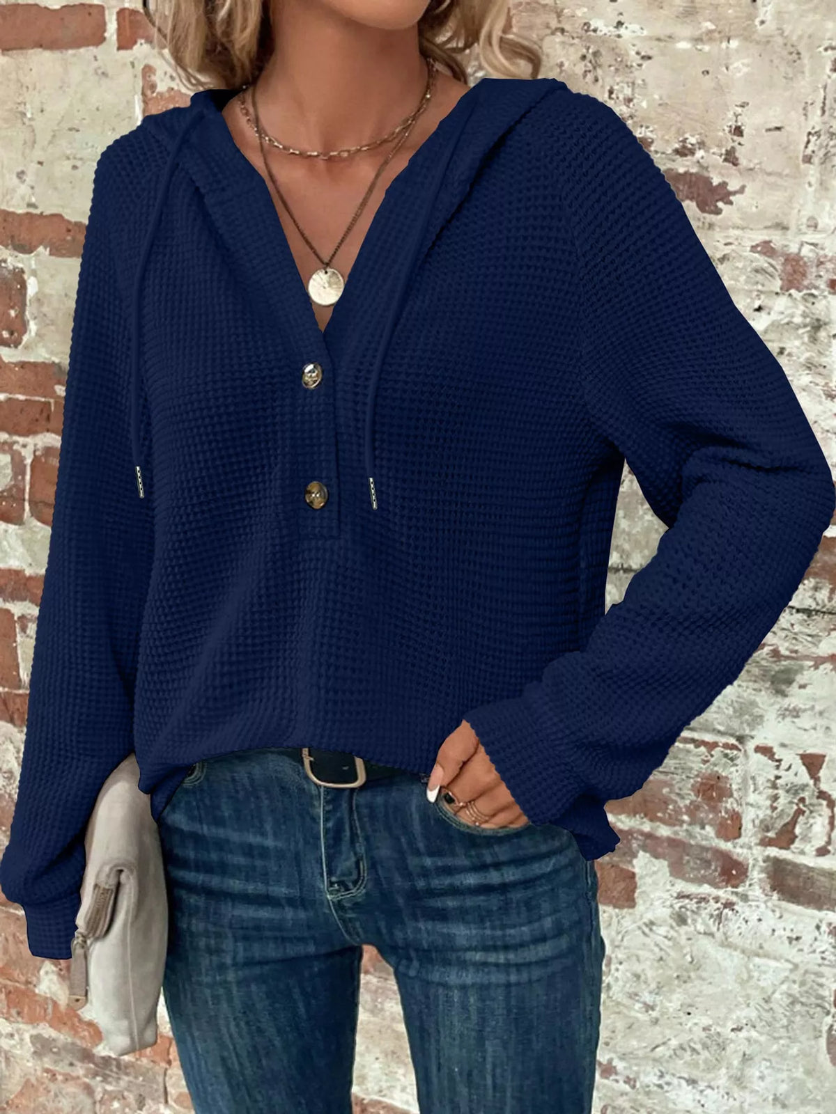 Navy waffle knit button-detail hoodie