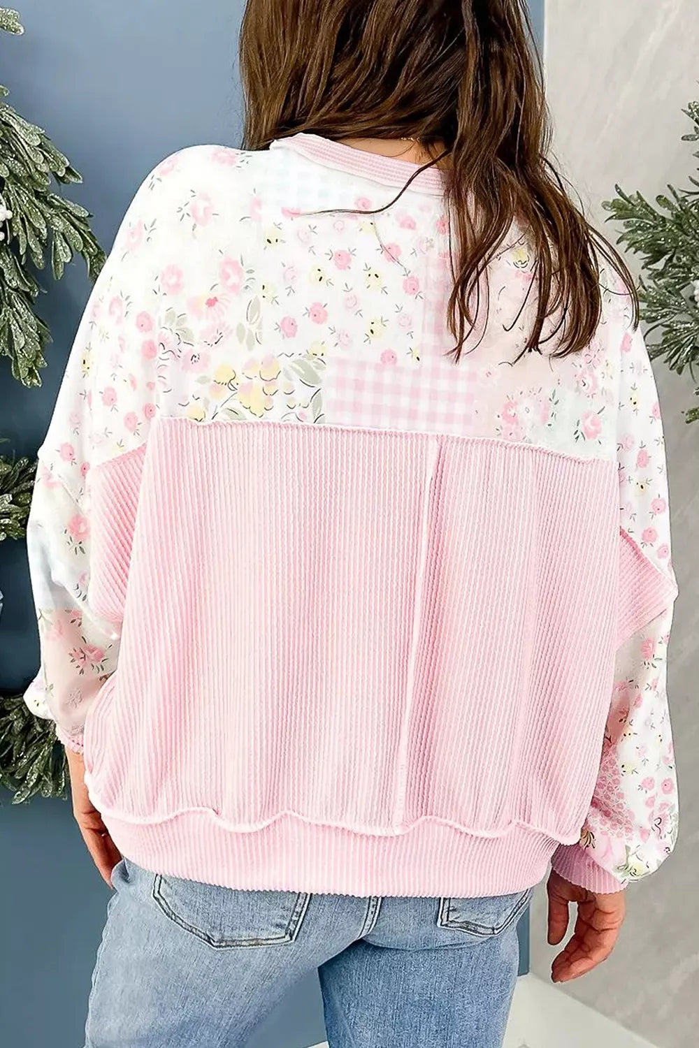 Trendsi Twisted Ribbed Trim Floral Print Patchwork Long Sleeve Top -