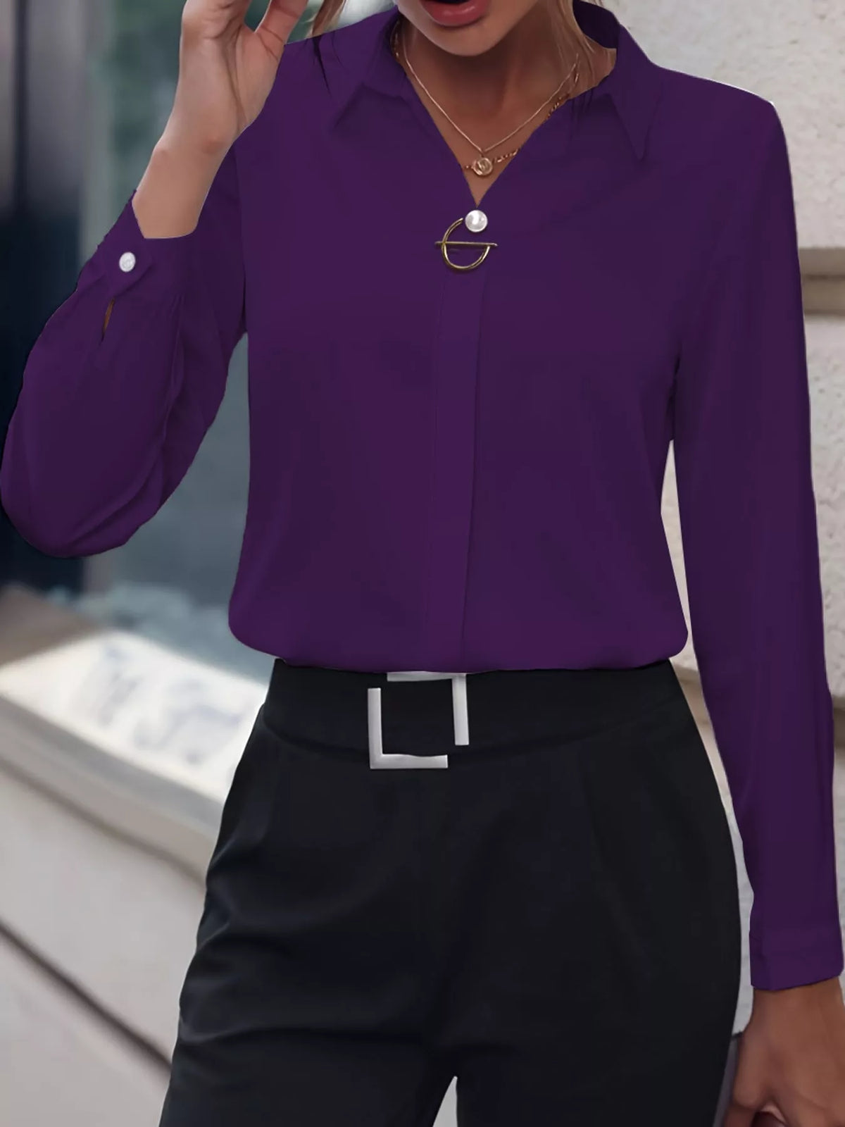 Women's Collared Clasp Detail Long Sleeve Satin Blouse in purple — front view