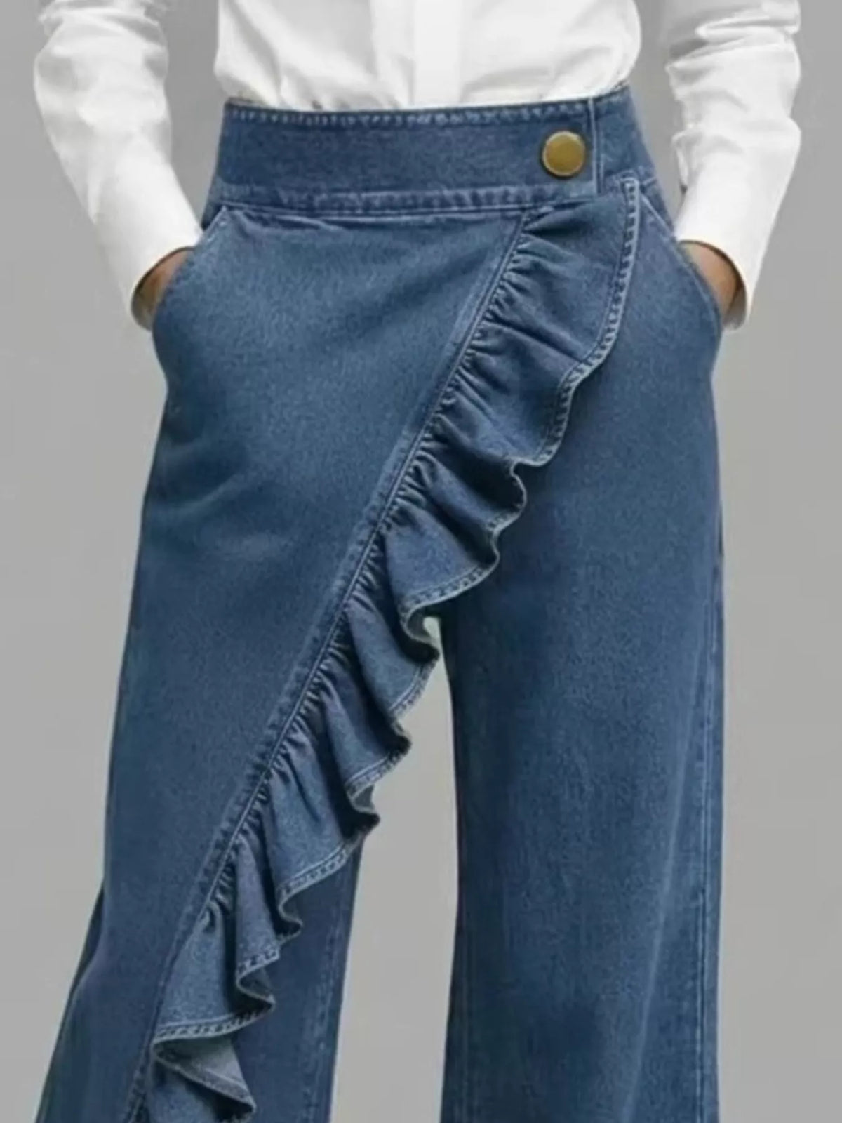 Blue ruffled wide-leg pants — design and construction details