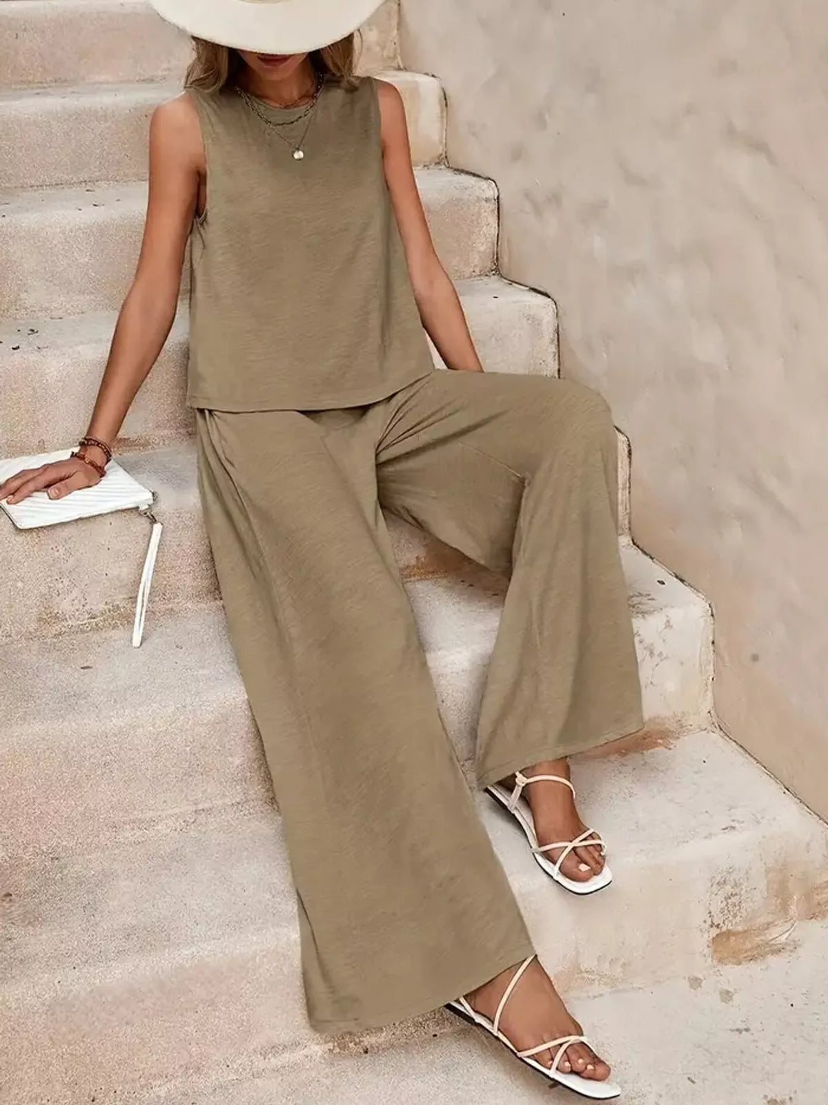 Sleeveless Tank Top and Wide-Leg Pants Set — front view