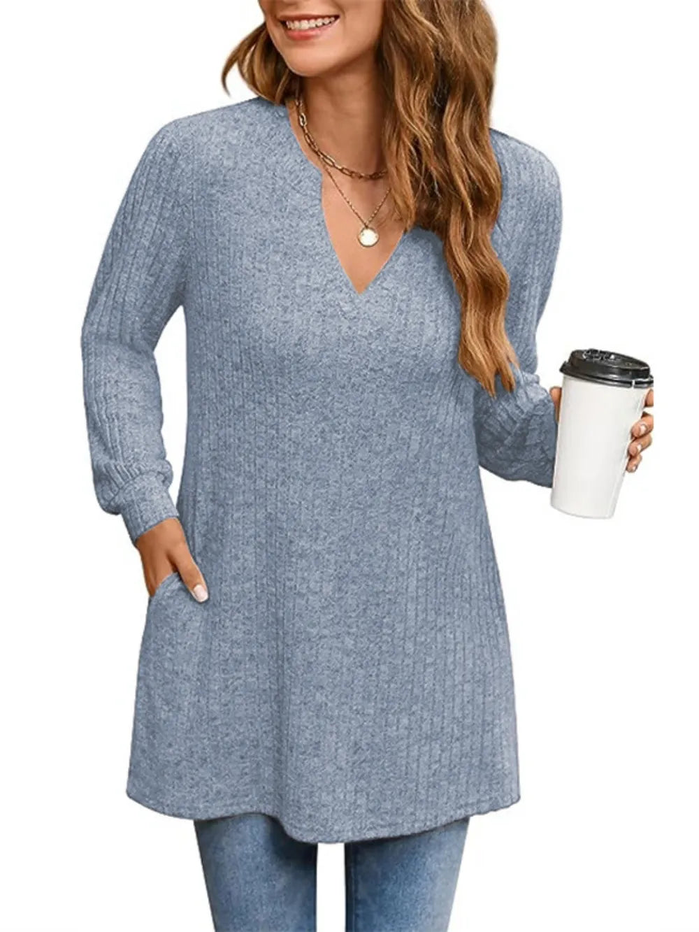 Trendsi Ribbed Notched Long Sleeve T-Shirt -