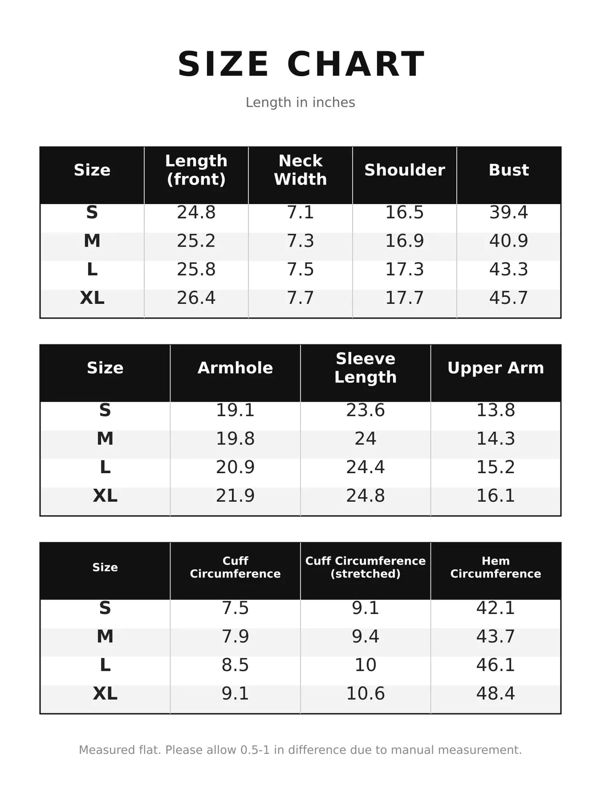 Size chart for chinese-style mandarin collar blouse