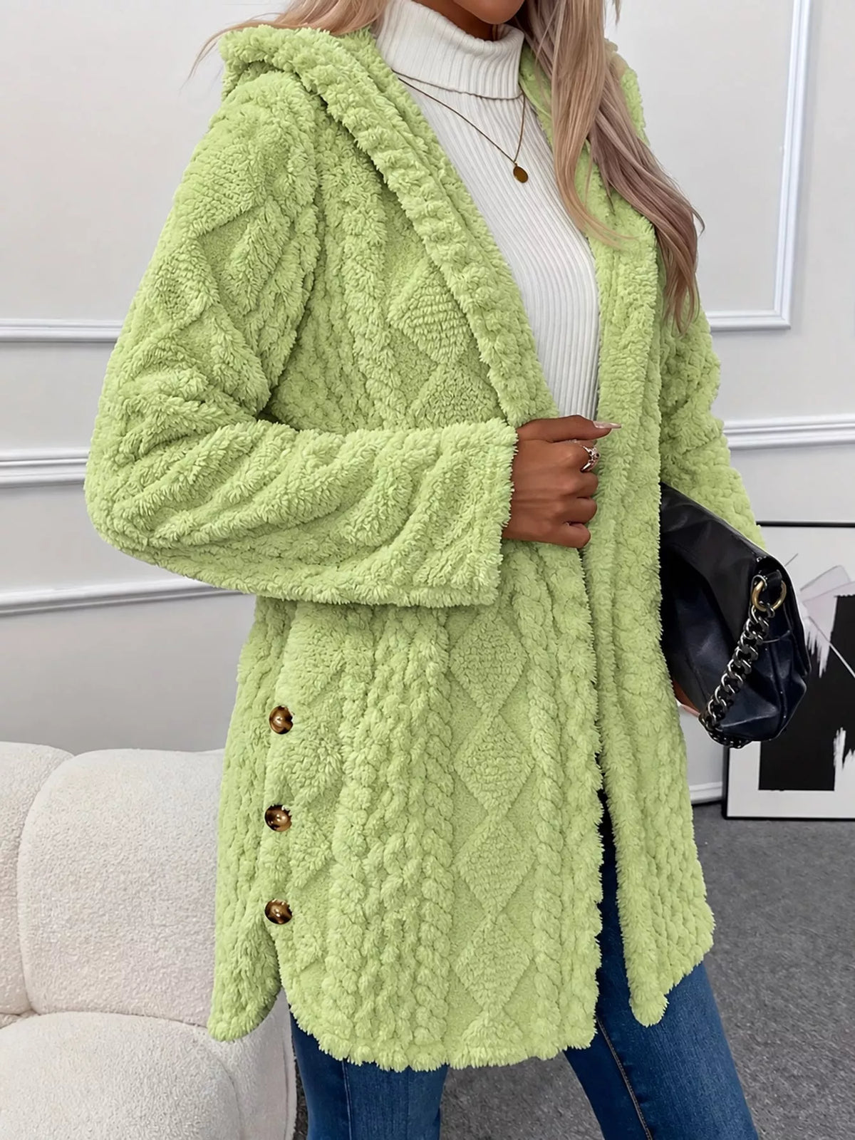 Apple Green cable knit faux fur hooded jacket