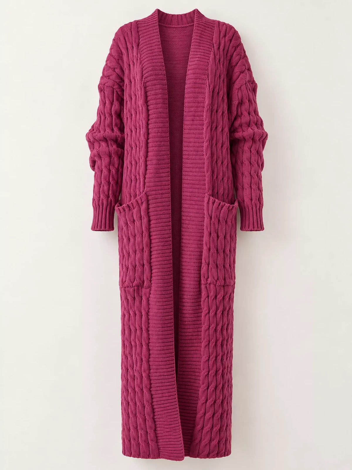Deep Rose Red cable-knit longline open-front cardigan