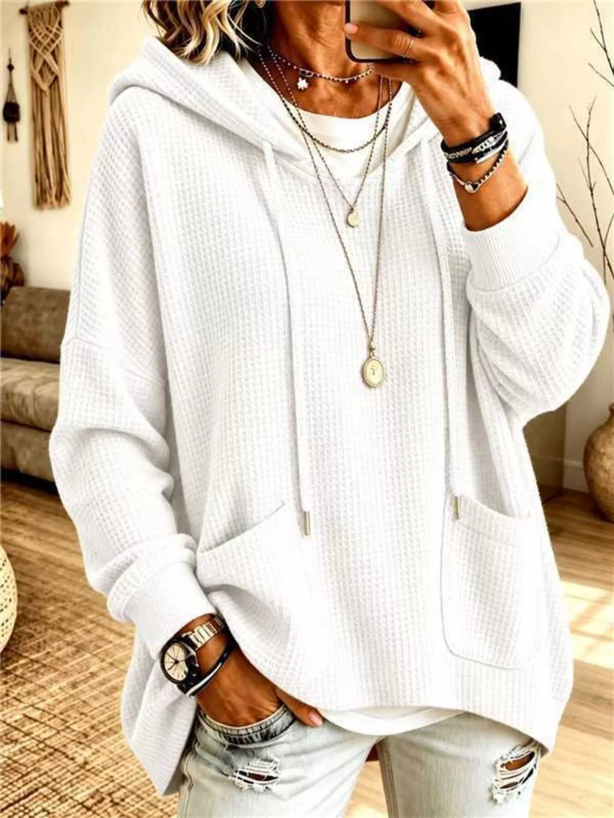 Women's Waffle Knit Drawstring Long Sleeve Hoodie in White, front view