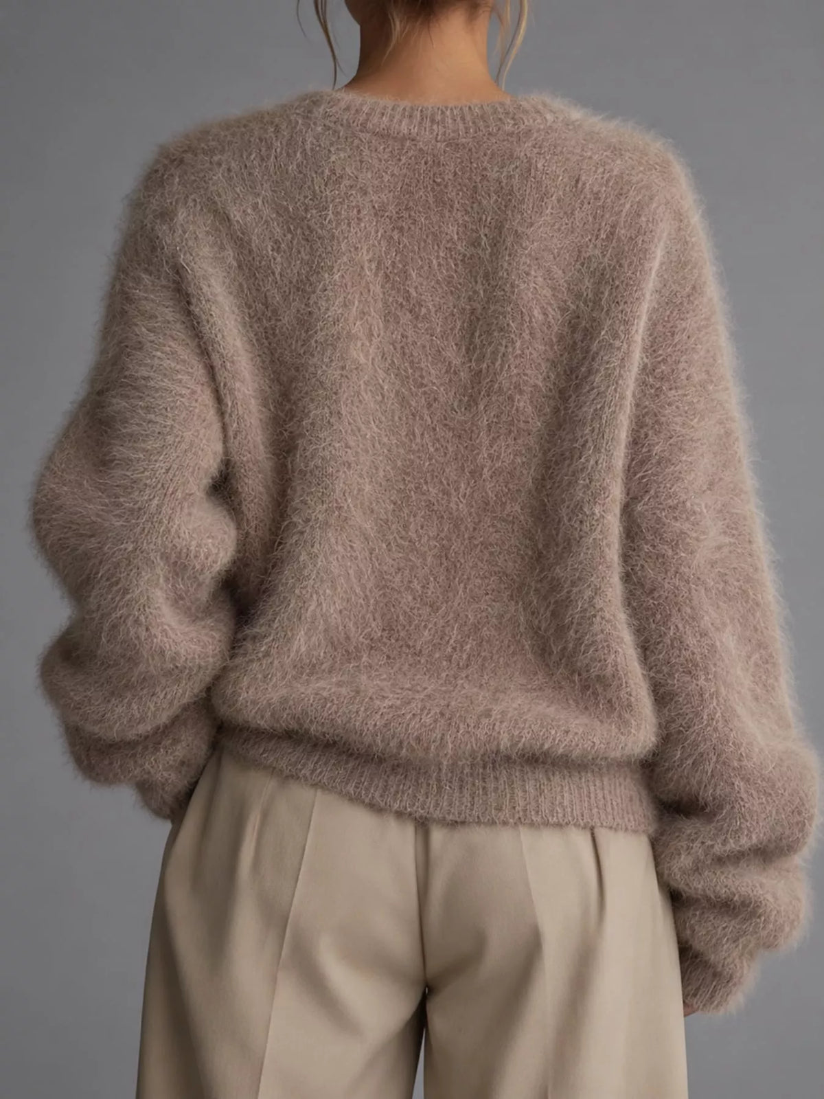 Taupe fuzzy v-neck button-down cardigan, back view