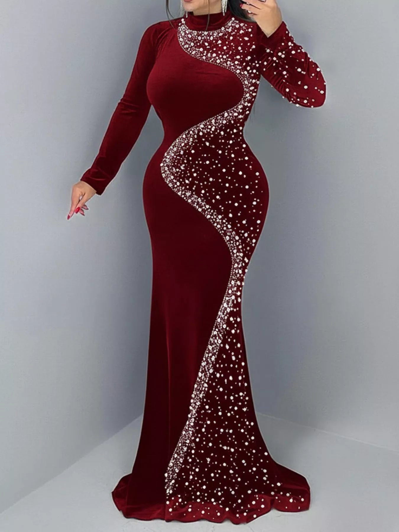 Trendsi Rhinestone Embellished Velvet Mermaid Evening Maxi Dress -