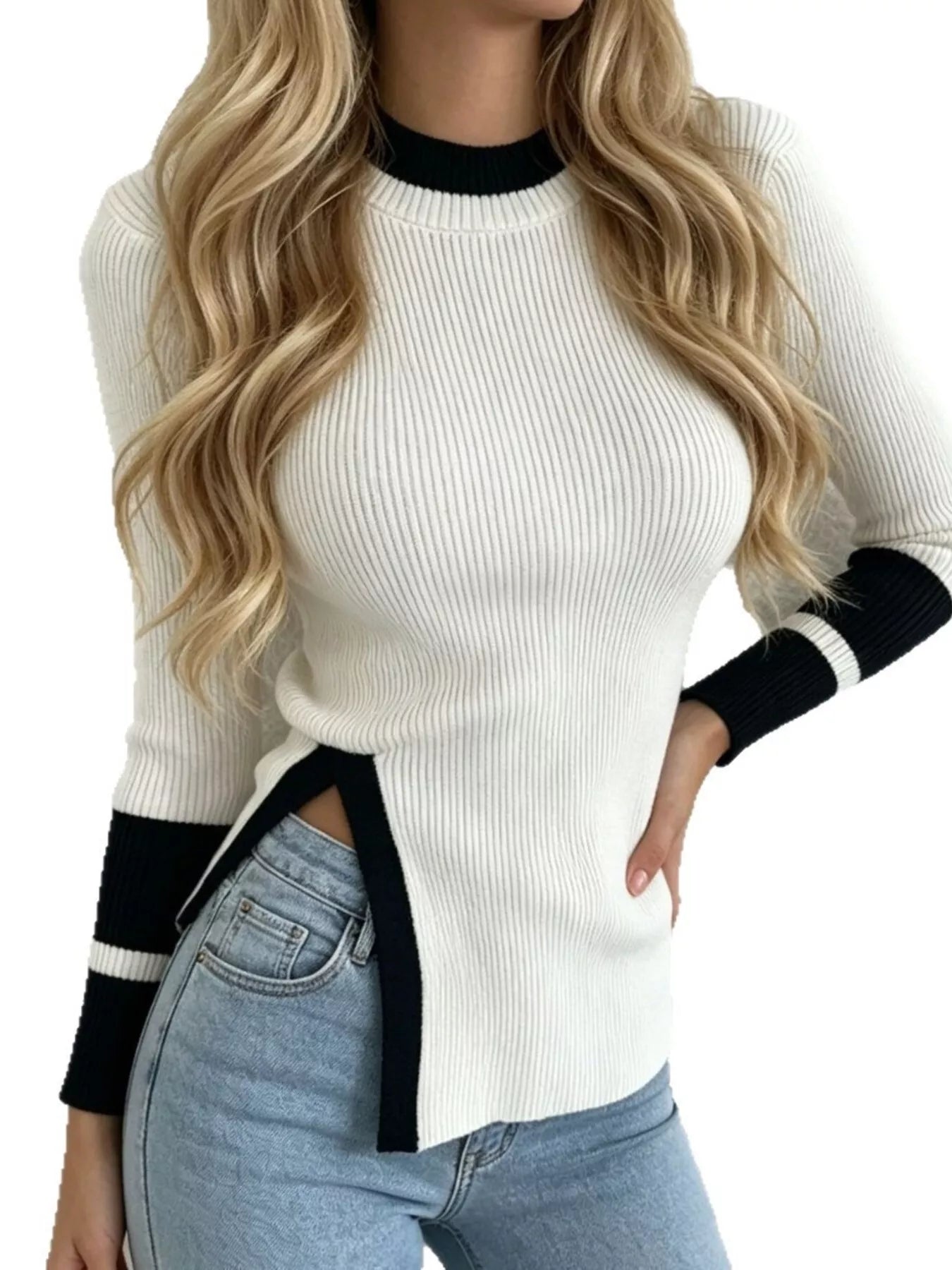 Trendsi Side Slit Contrast Trim Sweater -