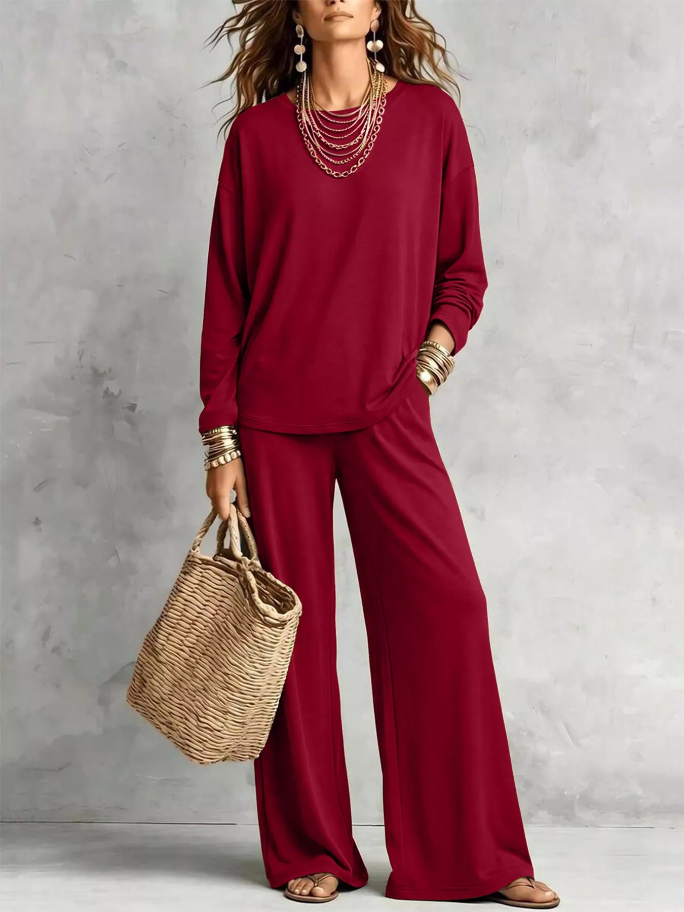 Trendsi Round Neck T-Shirt and Wide-Leg Pants Set -