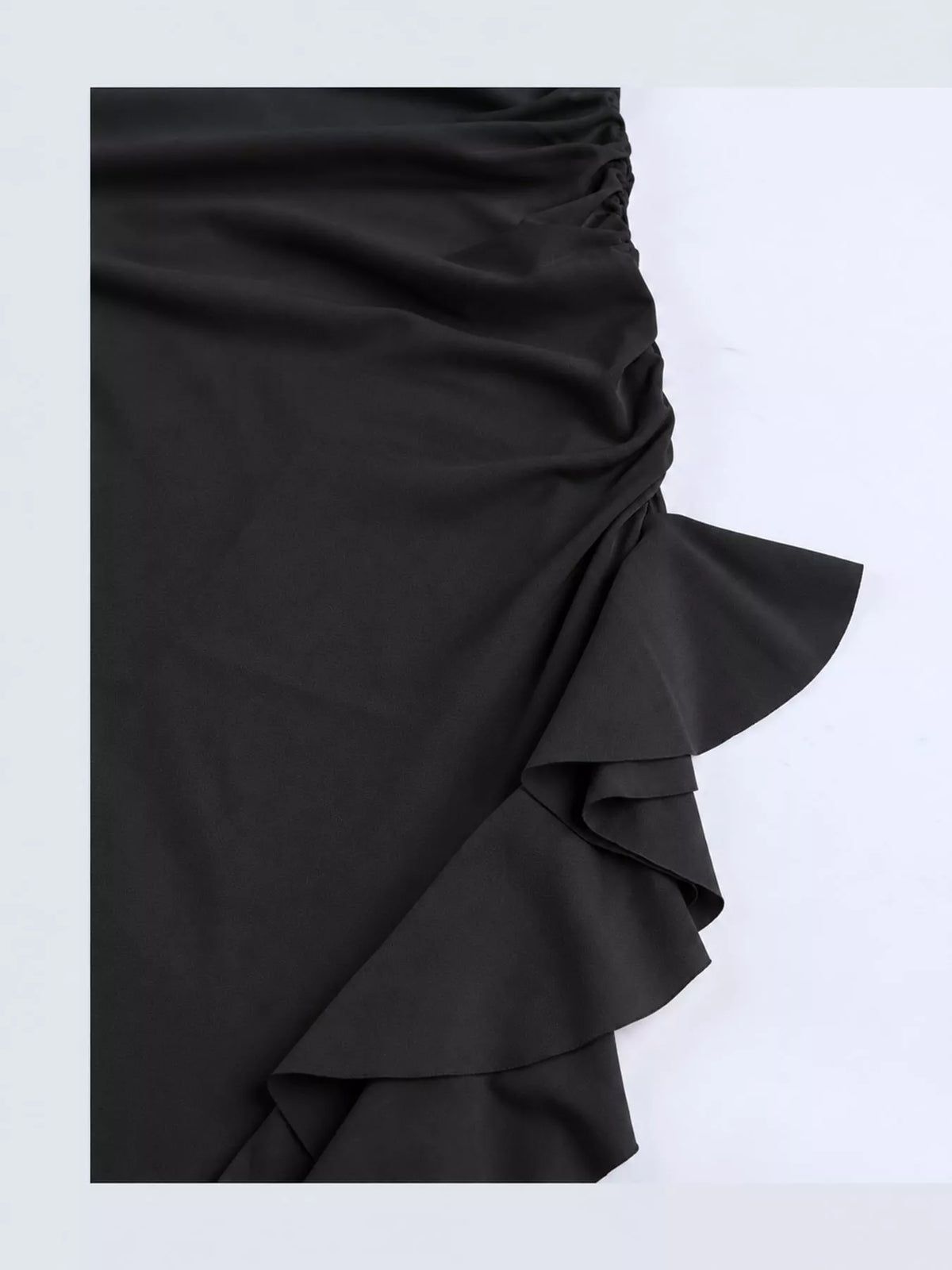 Black one shoulder ruched ruffle hem maxi dress, detail view