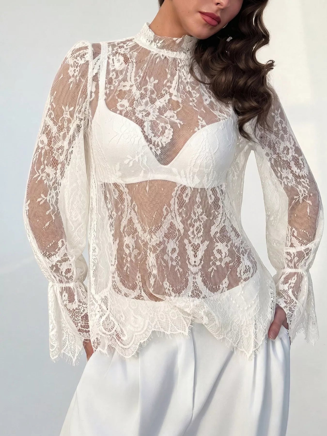 Trendsi Lace Flounce Sleeve Top -