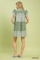 Trendsi Umgee Mix Patchwork Flutter Sleeve Tiered Dress -