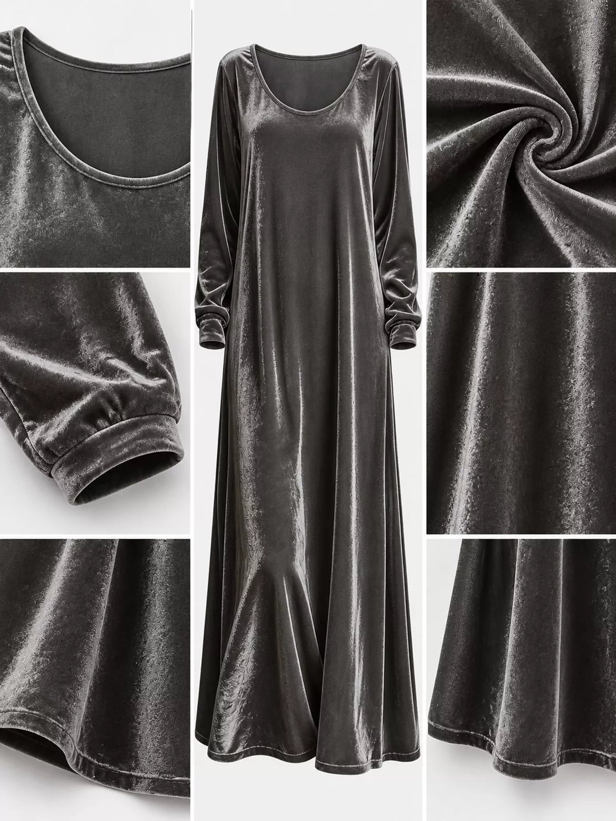 Velvet maxi dress, gray neckline cuff fabric collage