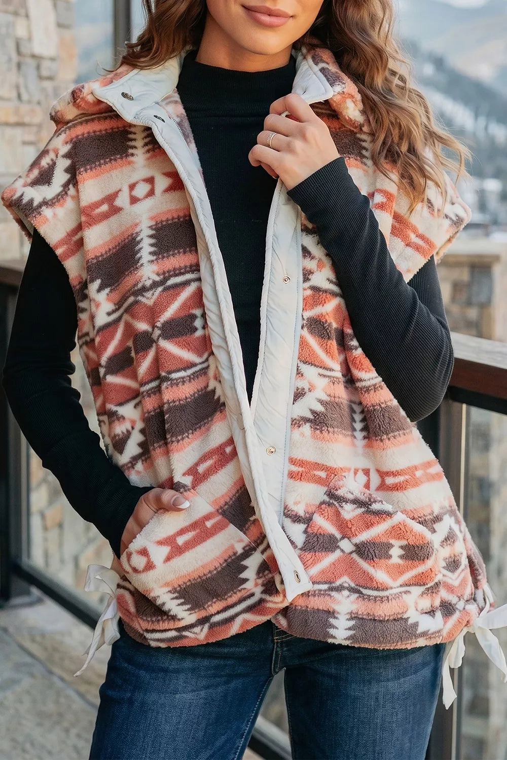 Trendsi Geometric Print Fleece Metal Button Placket Shift Silhouette Vest -