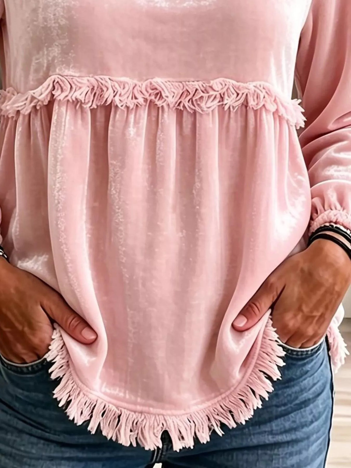 Trendsi Fringed Hem Long Sleeve T-Shirt -